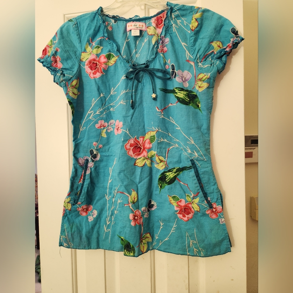 Koi Scrub Top Floral Blue Women's